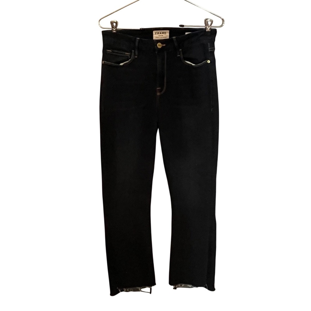 Frame Denim Le Crop Mini Boot Jeans Dark Indigo Raw Hem Size 29 High Rise